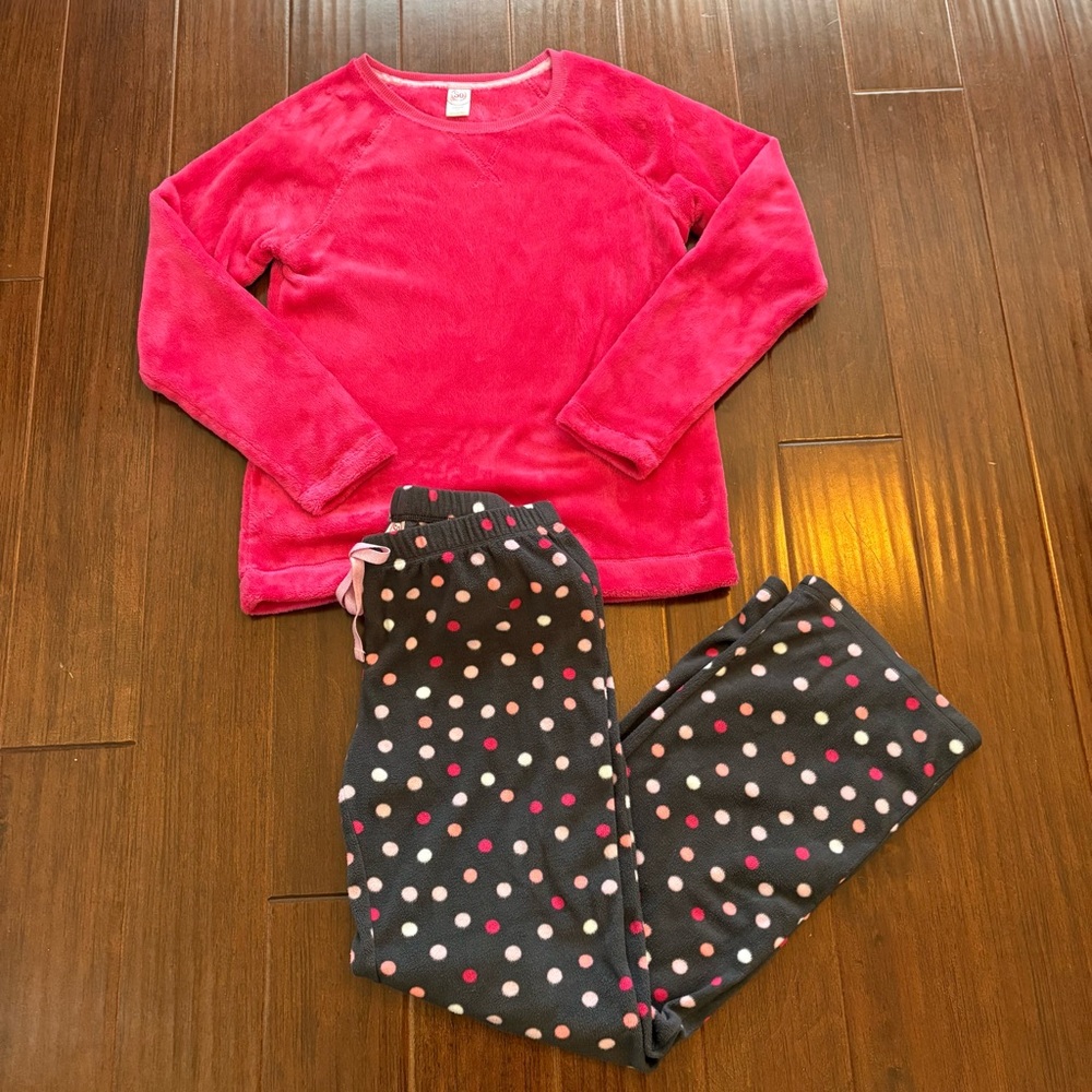 Women’s Pink & Gray Polka Dot Warm Fleece Pajama / Lounge Set - Juniors Medium